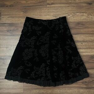 Le Chateau‎ Black Velvet Skirt Floral Embroidery Ruffle Trim Whimsygoth Fairy